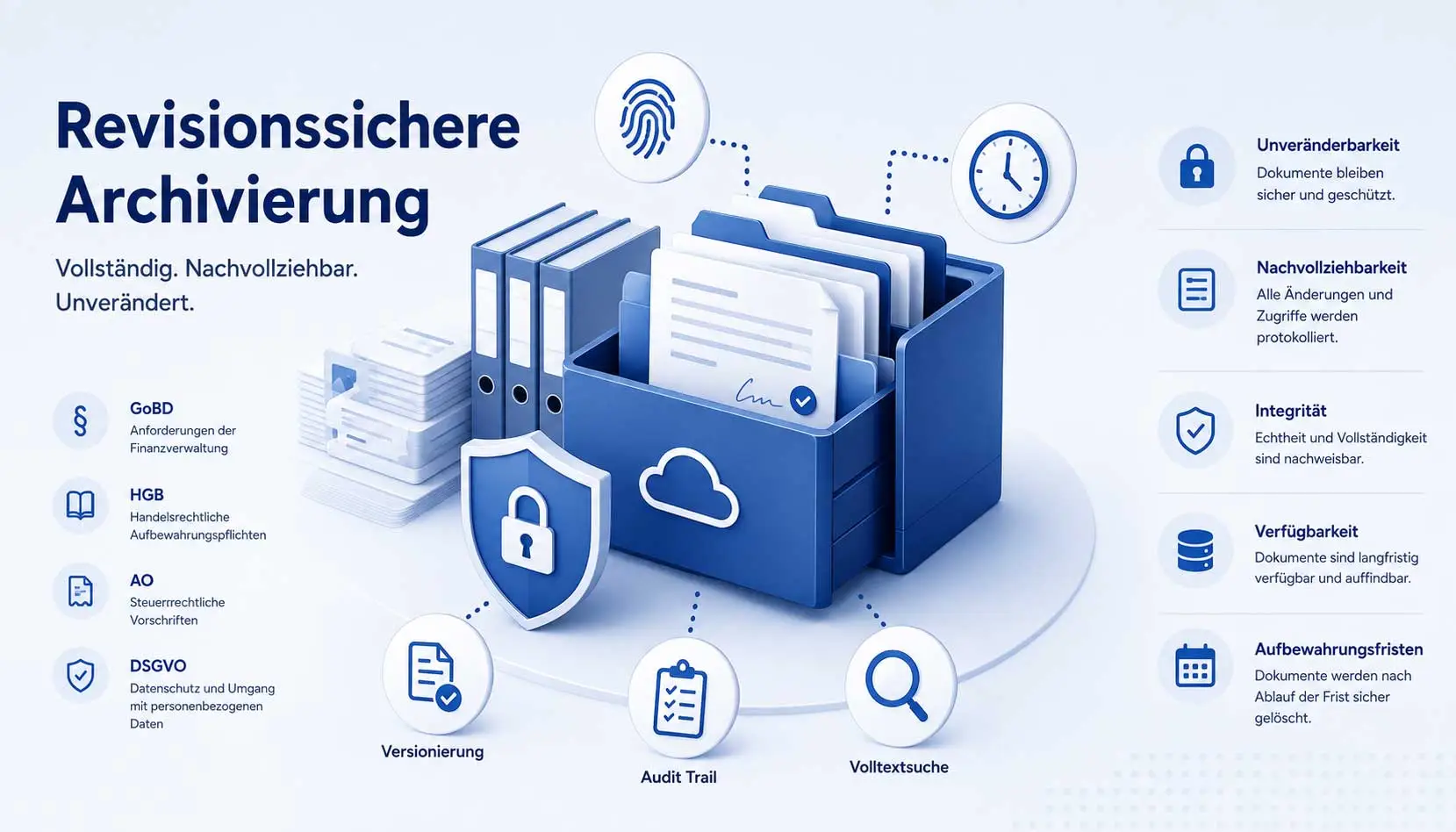 Revisionssichere Archivierung von Dokumenten mit Audit Trail, Versionierung und Integritätsprüfung